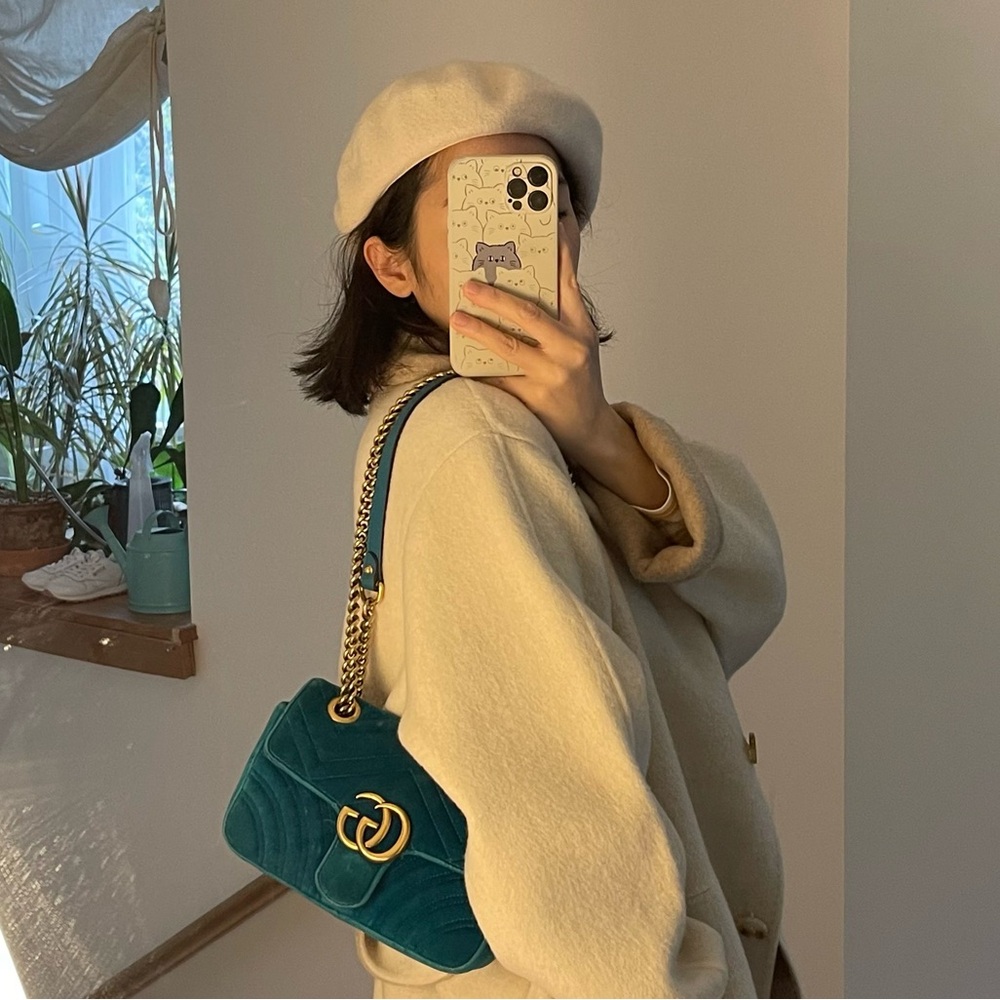 Gucci Marmont GG small velvet peacock blue shoulder bag 22